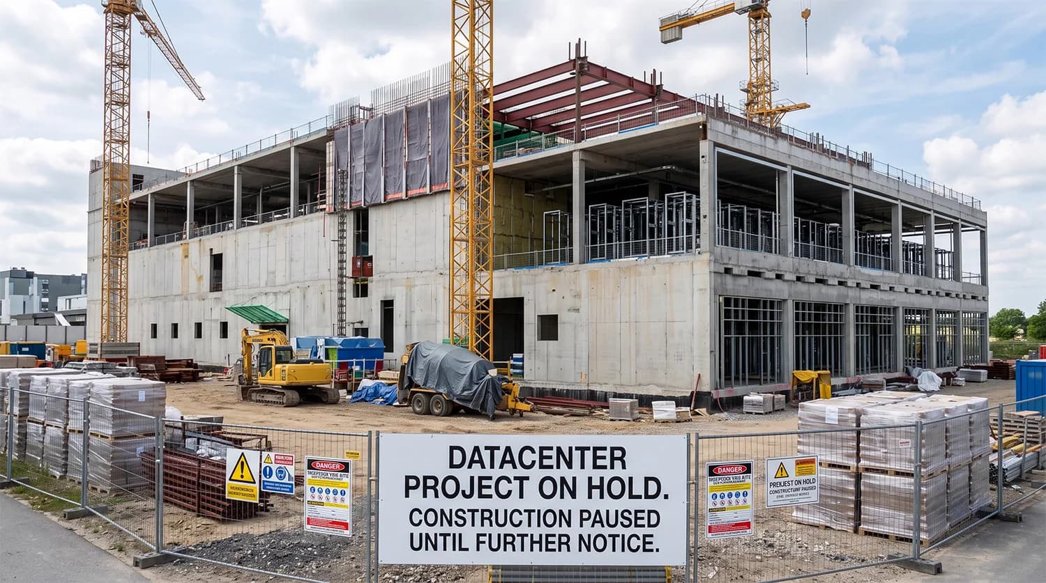 Photo of a building under construction with a sign that says "Datacenter Project on Hold. Construction paused until further notice."