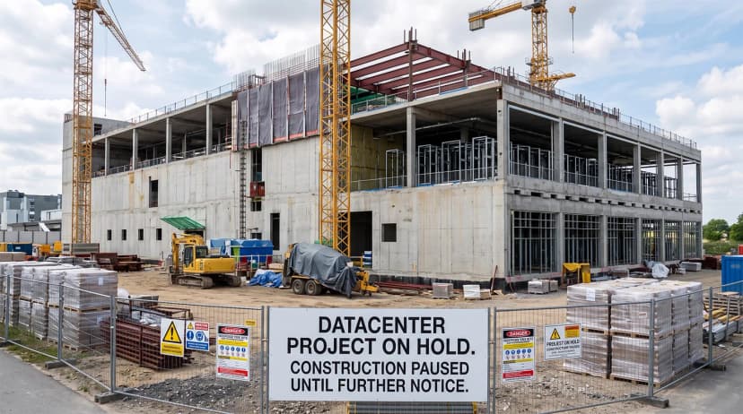 Photo of a building under construction with a sign that says "Datacenter Project on Hold. Construction paused until further notice."